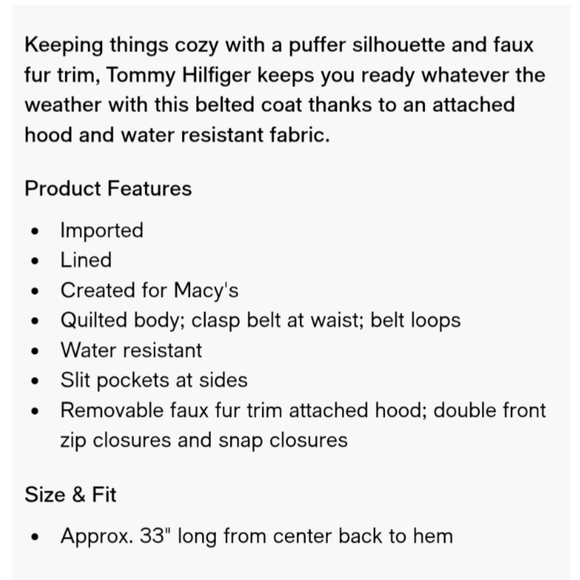 🆕NWT Tommy Hilfiger MACY'S EXCLUSIVE Faux Fur Trimmed PUFFER COAT Medium - Picture 7 of 12